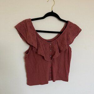American Eagle Rust Button Down Tank with Eyelet Draped Collar